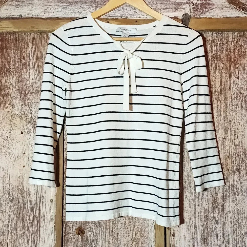 NEW White House Black Market striped bow tie sweater 3/4 sleeves striped XS - Picture 3 of 11
